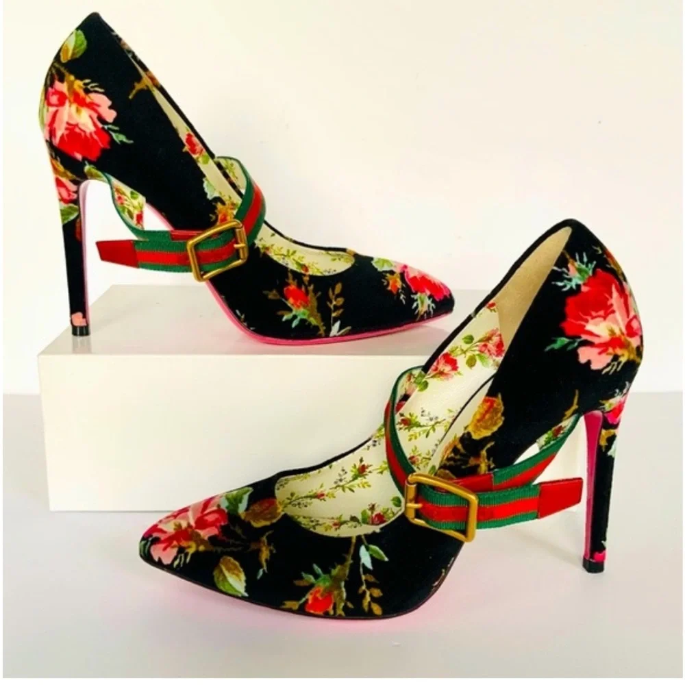 Gucci Black Velvet Floral Heels - Picture 7 of 12